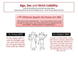 Age, Sex and Strict Liability:

Look at the definition, and the two cases below.
Using what you know of strict liability so far… which D was liable and why?

s.55 Offences Against the Person Act 1861
“Whosoever shall unlawfully take ... any unmarried girl, being under
the age of sixteen years, out of the possession and against the will
of her father... shall be guilty of a misdemeanour .”

R v Prince 1875

R v Hibbert 1869

D ran away with V,
who he thought was
18, but was in fact
13. He knew that she
lived with her father.

D met V in the street, went
with her to a house, slept with
her and kept her there for a
few hours. He then returned
her to where they met, and
she went home to her father.
He thought she was 18, but
she was 14.

 