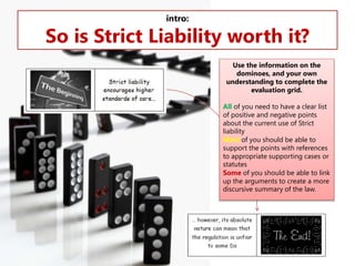 intro:

So is Strict Liability worth it?
Use the information on the
dominoes, and your own
understanding to complete the
evaluation grid.
All of you need to have a clear list
of positive and negative points
about the current use of Strict
liability
Most of you should be able to
support the points with references
to appropriate supporting cases or
statutes
Some of you should be able to link
up the arguments to create a more
discursive summary of the law.

 