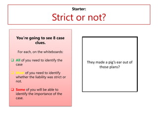 Starter:

Strict or not?
You’re going to see 8 case
clues.
For each, on the whiteboards:
 All of you need to identify the
case
 Most of you need to identify
whether the liability was strict or
not.
 Some of you will be able to
identify the importance of the
case.

No knight in shining armour
Is TheyArmbandin the river? of
their made avetting?a out
No A shocking just D?
conviction jail? lottery?
Salmon pig’s ear
A bus to torch?
Bad saved
after all?
those plans?

 