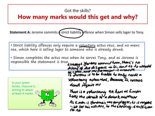 Got the skills?

How many marks would this get and why?
Statement A: Jerome commits a strict liability offence when Simon sells lager to Tony.
• Strict liability offences only require a voluntary actus reus, and no mens
rea, which here is selling lager to someone who is already drunk.

• Simon completes the actus reus when he serves Tony, and as Jerome is
responsible the statement is true.

In your green
books, improve it,
aiming to attain
at least 4 marks.

 