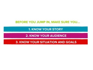 BEFORE YOU JUMP IN, MAKE SURE YOU...

       1. KNOW YOUR STORY
     2. KNOW YOUR AUDIENCE
3. KNOW YOUR SITUATION AND GOALS
 