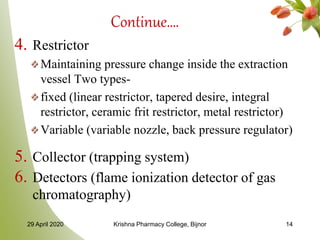 Continue….
4. Restrictor
Maintaining pressure change inside the extraction
vessel Two types-
fixed (linear restrictor, tapered desire, integral
restrictor, ceramic frit restrictor, metal restrictor)
Variable (variable nozzle, back pressure regulator)
5. Collector (trapping system)
6. Detectors (flame ionization detector of gas
chromatography)
29 April 2020 Krishna Pharmacy College, Bijnor 14
 