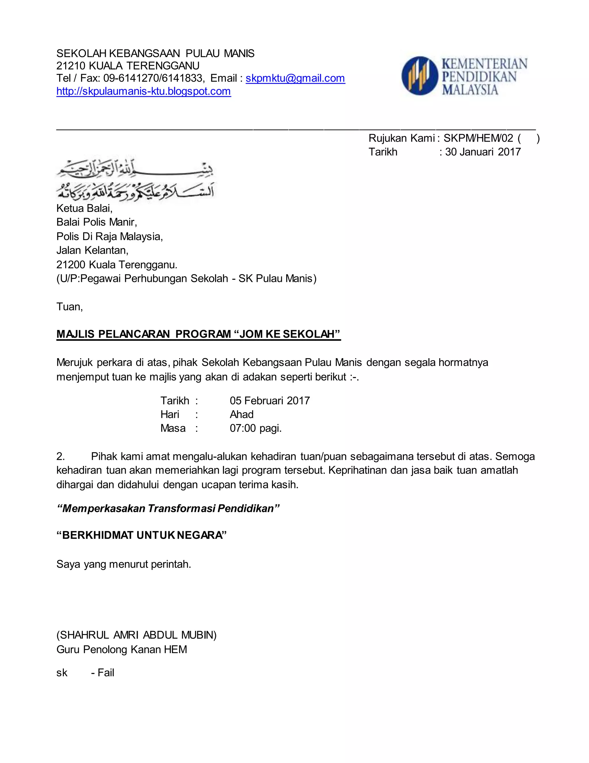 Surat jemputan program jom ke sekolah skpm polis | PDF