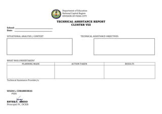 Department of Education
National Capital Region
DIVISION OF PASIG CITY
TECHNICAL ASSISTANCE REPORT
CLUSTER VIII
School: ____________________________________________
Date: ____________________________________________
SITUATIONAL ANALYSIS / CONTEXT TECHNICAL ASSISTANCE OBJECTIVES
WHAT WAS UNDERTAKEN?
Technical Assistance Provider/s:
SUSAN L. COBARRUBIAS
PSDS
ESTER C. AMIGO
Principal IV, DCES
PLANNING MADE ACTION TAKEN RESULTS
 