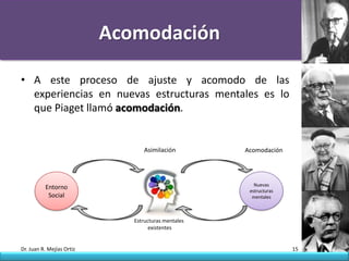 Acomodación

• A este proceso de ajuste y acomodo de las
  experiencias en nuevas estructuras mentales es lo
  que Piaget llamó acomodación.


                                 Asimilación         Acomodación




                                                        Nuevas
          Entorno                                     estructuras
           Social                                      mentales



                              Estructuras mentales
                                    existentes


Dr. Juan R. Mejías Ortiz                                            15
 