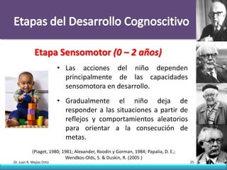 Etapa Sensomotor (0 – 2 años)
                           • Las acciones del niño dependen
                             principalmente de las capacidades
                             sensomotora en desarrollo.
                           • Gradualmente el niño deja de
                             responder a las situaciones a partir de
                             reflejos y comportamientos aleatorios
                             para orientar a la consecución de
                             metas.
            (Piaget, 1980; 1981; Alexander, Roodin y Gorman, 1984; Papalia, D. E.;
                            Wendkos-Olds, S. & Duskin, R. (2005 )
Dr. Juan R. Mejías Ortiz                                                             25
 