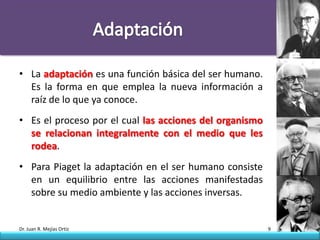 • La adaptación es una función básica del ser humano.
  Es la forma en que emplea la nueva información a
  raíz de lo que ya conoce.
• Es el proceso por el cual las acciones del organismo
  se relacionan integralmente con el medio que les
  rodea.
• Para Piaget la adaptación en el ser humano consiste
  en un equilibrio entre las acciones manifestadas
  sobre su medio ambiente y las acciones inversas.


Dr. Juan R. Mejías Ortiz                                 9
 