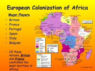 European Colonization of Africa
Major Players
• Britain
• France
• Portugal
• Spain
• Italy
• Belgium
• Of these
nations, Britain
and France
controlled the
most territory in
Africa.
 