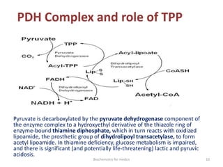 PDH Complex and role of TPP
Pyruvate is decarboxylated by the pyruvate dehydrogenase component of
the enzyme complex to a hydroxyethyl derivative of the thiazole ring of
enzyme-bound thiamine diphosphate, which in turn reacts with oxidized
lipoamide, the prosthetic group of dihydrolipoyl transacetylase, to form
acetyl lipoamide. In thiamine deficiency, glucose metabolism is impaired,
and there is significant (and potentially life-threatening) lactic and pyruvic
acidosis.
10Biochemistry for medics
 