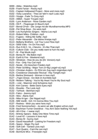 0099 - Abba - Waterloo.mp3
0100 - Frank Farian - Rocky.mp3
0101 - Captain Hollywood Project - More and more.mp3
0102 - Vicky Leandros - Theo wir fahr'n nach Lodz.mp3
0103 - Visage - Fade To Grey.mp3
0104 - ABBA - Super Trouper.mp3
0105 - Lynn Anderson - Rose Garden.mp3
0106 - Oli P. - Flugzeuge im Bauch.mp3
0107 - Bernd Clⁿver - Der Junge mit der Mundharmonika.MP3
0108 - Pet Shop Boys - Go west.mp3
0109 - Les Humphries Singers - Mama Loo.mp3
0110 - Robert Miles- Children .mp3
0111 - Fugees - Killing Me Softly .mp3
0112 - Peter Alexander - Die kleine Kneipe.mp3
0113 - Bellamy Brothers - Let Your Love Flow.mp3
0114 - 5000 Volts - I'm On Fire.mp3
0115 - Run D.M.C. Vs. J.Nevins - It's like That.mp3
0116 - Culture Club - Do you really want to hurt me.mp3
0117 - M - Pop Musik.mp3
0118 - Boney M - Ma Baker.mp3
0119 - Earth & Fire - Weekend.mp3
0120 - Windows - How do you do (Dt. Version).mp3
0121 - Fox - Only You Can.mp3
0122 - Nicole - Ein bisschen Frieden.mp3
0123 - Peter Schilling - Major Tom (V÷llig Losgel÷st).mp3
0124 - Christian Anders - Es fΣhrt ein Zug nach nirgendwo.mp3
0125 - Creedence Clearwater Revival - Hey Tonight.mp3
0126 - Barbra Streisand - Woman in love.mp3
0127 - Jⁿrgen Drews - Ein Bett im Kornfeld.mp3
0128 - Modern Talking - You're My Heart You're My Soul.mp3
0129 - ─rzte - Maenner sind Schweine.mp3
0130 - Kim Carnes - Bette Davis Eyes.mp3
0131 - Roxette - The Look.mp3
0132 - Torfrock - Beinhart.mp3
0133 - Falco - Jeanny.mp3
0134 - Wes - Alane.mp3
0135 - Mike Krⁿger - Der Nippel.mp3
0136 - Milli Vanilli - Girl, I'm Gonna Miss You.mp3
0137 - Rednex - Wish you were here.mp3
0138 - Fred Sonnenschein - Ja wenn wir alle Englein wΣren.mp3
0139 - Bachman-Turner Overdrive - You Ain't Seen Nothing Yet.mp3
0140 - All 4 One - I swear.mp3
0141 - Britney Spears - Baby One More Time.mp3
0142 - Level 42 - Lessons in love.mp3
0143 - Boney M - Sunny.mp3
0144 - David Hasselhoff - Looking for Freedom.mp3
0145 - Space - Magic Fly.mp3
0146 - Soft Cell - Tainted Love.mp3
0147 - Suzi Quatro - Cant the can.mp3
0148 - Bomfunk MCs - Freestyler.mp3
 