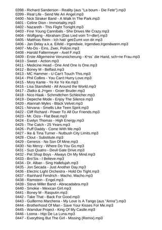 0398 - Richard Sanderson - Reality (aus ''La boum - Die Fete'').mp3
0399 - Real Life - Send Me An Angel.mp3
0400 - Nick Straker Band - A Walk In The Park.mp3
0401 - Celine Dion - Immortality.mp3
0402 - Nazareth - This Flight Tonight.mp3
0403 - Fine Young Cannibals - She Drives Me Crazy.mp3
0404 - Wolfgang - Abraham (Das Lied vom Tr÷dler).mp3
0405 - Matthias Reim - Ich hab' getrΣumt von dir.mp3
0406 - Jan Delay a.k.a. Eifeld - Irgendwie, Irgendwo,Irgendwann.mp3
0407 - Mo-Do - Eins, Zwei, Polizei.mp3
0408 - Harold Faltermeyer - Axel F.mp3
0409 - Erste Allgemeine Verunsicherung - Kⁿss` die Hand, sch÷ne Frau.mp3
0410 - Sweet - Action.mp3
0411 - Medicine Head - One And One Is One.mp3
0412 - Boney M - Belfast.mp3
0413 - MC Hammer - U Can't Touch This.mp3
0414 - Phil Collins - You Can't Hurry Love.mp3
0415 - Mory Kante - Ye Ke Ye Ke.mp3
0416 - Lisa Stansfield - All Around the World.mp3
0417 - Zlatko & Jⁿrgen - Groer Bruder.mp3
0418 - Nico Haak - Schmidtchen Schleicher.mp3
0419 - Depeche Mode - Enjoy The Silence.mp3
0420 - Alannah Myles - Black Velvet.mp3
0421 - Nirvana - Smells Like Teen Spirit.mp3
0422 - Cliff Richard - Power To All Our Friends.mp3
0423 - Mr. Oizo - Flat Beat.mp3
0424 - Evelyn Thomas - High Energy.mp3
0425 - The Catch - 25 Years.mp3
0426 - Puff Daddy - Come With Me.mp3
0427 - Ike & Tina Turner - Nutbush City Limits.mp3
0428 - Clout - Substitute.mp3
0429 - Genesis - No Son Of Mine.mp3
0430 - No Mercy - Where Do You Go.mp3
0431 - Suzi Quatro - Devil Gate Drive.mp3
0432 - Pet Shop Boys - Always On My Mind.mp3
0433 - Bro'Sis - I Believe.mp3
0434 - Dr. Alban - Sing Hallelujah.mp3
0435 - Jon Secada - Just Another Day.mp3
0436 - Electric Light Orchestra - Hold On Tight.mp3
0437 - Rainhard Fendrich - Macho, Macho.mp3
0438 - Ramstein - Engel.mp3
0439 - Steve Miller Band - Abracadabra.mp3
0440 - Smokie - Mexican Girl.mp3
0441 - Boney M - Rasputin.mp3
0442 - Take That - Back For Good.mp3
0443 - Guillermo Marchena - My Love Is A Tango (aus ''Anna'').mp3
0444 - Brotherhood Of Man - Save Your Kisses For Me.mp3
0445 - Wamdue Project - King Of My Castle.mp3
0446 - Loona - Hijo De La Luna.mp3
0447 - Everything But The Girl - Missing (Remix).mp3
 