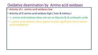 Oxidative deamination by Amino acid oxidases
• Activity of L -amino acid oxidases low
• Activity of D amino acid oxidase high ( liver & kidney )
• L -amino acid oxidases dose not act on Glycine & di carboxylic acids
• L -amino acid oxidases dose appear to play significant role in amino
acid metabolism.
 