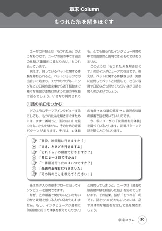 弟子の心得

　師匠と弟子方式のインタビューは 4 ステップで構成されます。
　１．教えを請う：まず「何を教えて欲しいのか」をユーザに伝えます。話題

Introduction

❷

を特定のテーマに絞っていくので「フォーカスを当てる」ともいいます。
など比較的幅広い話題から話を始めてもらいます。そして、徐々に特定の
トピックに絞って話を掘り下げて行きます。
　２．根掘り葉掘り：インタビューアは、単にユーザの話を聞いて帰って来る
したといえるのです。そのためには、ユーザの行動や説明に少しでも不明
な部分があれば、インタビューアは「根掘り葉掘り」質問しなければなり
ません。曖昧なままだと、インタビューアは自分の“憶測”でユーザの行
動を解釈してしまいます。師匠と弟子方式のインタビューでは幅広く話を

Part 2 設 計

のではありません。ユーザの話の内容を理解できて、初めて“弟子入り”

・
Part 1 調査 分析

インタビューの冒頭部分では「よく使うウェブサイト」や「普段の業務」

聞くよりも、完全に内容を理解する方が重要です。

理解できたと思ったら、その理解した内容をユーザに話して確認してもら
います。もし誤解している部分があれば、ユーザはその点を指摘してくれ
教えを乞う

根掘り葉掘り

根掘り葉掘り

根掘り葉掘り

確認する

確認する

確認する

フ
ォーカスを
移動する

フ
ォーカスを
移動する

フ
ォーカスを
移動する

参考文献

教えを乞う

Ending

教えを乞う

Part 3 評 価

　３．確認する：インタビューアは、フォーカスを当てた話題について一通り

弟子入りの基本フロー
師匠と弟子方式のインタビューは、教えを乞う→根掘り葉掘り→確認する→
フォーカスを移動するという手順で実施する。

2-2 ユーザに弟子入り

33

 