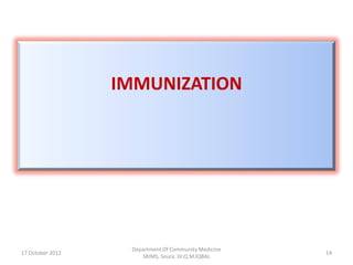 IMMUNIZATION




                   Department Of Community Medicine
17 October 2012                                       14
                      SKIMS, Soura. Dr.Q.M.IQBAL
 