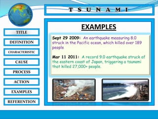 TITLE
DEFINITION

EXAMPLES
Sept 29 2009: An earthquake measuring 8.0
struck in the Pacific ocean, which killed over 189
people

CHARACTERISTIC

CAUSE
PROCESS
ACTION
EXAMPLES
REFERENTION

Mar 11 2011: A record 9.0 earthquake struck of
the eastern coast of Japan, triggering a tsunami
that killed 27,000+ people.

 