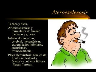 Ateroesclerosis Tabaco y dieta. Arterias elásticas y musculares de tamaño mediano y grueso. Infarto al miocardio, cerebral, mesentéricas, extremidades inferiores, aneurismas, tromboembolia. Placa ateromatosa: Núcleo de lípidos (colesterol y ésteres) y cubierta fibrosa.  Placas fibrosas. 