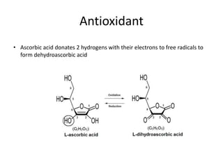 Antioxidant
• Ascorbic acid donates 2 hydrogens with their electrons to free radicals to
form dehydroascorbic acid
 