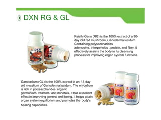 DXN RG & GL
Ganocelium (GL) is the 100% extract of an 18-day
old mycelium of Ganoderma lucidum. The mycelium
is rich in polysaccharides, organic
germanium, vitamins, and minerals. It has excellent
effect in improving general well being. It helps attain
organ system equilibrium and promotes the body's
healing capabilities.
Reishi Gano (RG) is the 100% extract of a 90-
day old red mushroom, Ganoderma lucidum.
Containing polysaccharides
adenosine, triterpenoids , protein, and fiber, it
effectively assists the body in its cleansing
process for improving organ system functions.
 