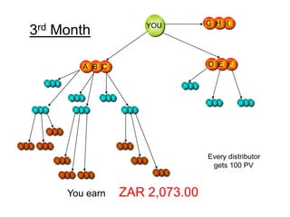 YOU
FEDCBA
IHG
You earn ZAR 2,073.00
3rd Month
Every distributor
gets 100 PV
 