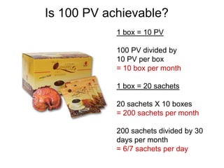 Is 100 PV achievable?
1 box = 10 PV
100 PV divided by
10 PV per box
= 10 box per month
1 box = 20 sachets
20 sachets X 10 boxes
= 200 sachets per month
200 sachets divided by 30
days per month
= 6/7 sachets per day
 