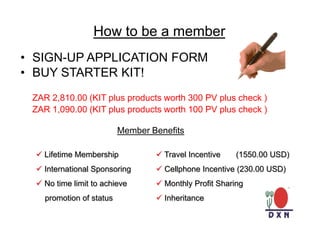 How to be a member
• SIGN-UP APPLICATION FORM
• BUY STARTER KIT!
ZAR 2,810.00 (KIT plus products worth 300 PV plus check )
ZAR 1,090.00 (KIT plus products worth 100 PV plus check )
 Lifetime Membership
 International Sponsoring
 No time limit to achieve
promotion of status
 Travel Incentive (1550.00 USD)
 Cellphone Incentive (230.00 USD)
 Monthly Profit Sharing
 Inheritance
Member Benefits
 