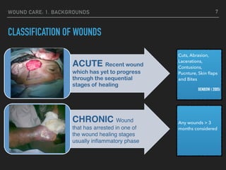 WOUND CARE: 1. BACKGROUNDS
CLASSIFICATION OF WOUNDS
7
ACUTE Recent wound
which has yet to progress
through the sequential
stages of healing
CHRONIC Wound
that has arrested in one of
the wound healing stages
usually inﬂammatory phase
Cuts, Abrasion,
Lacerations,
Contusions,
Pucnture, Skin ﬂaps
and Bites
BENBOW ( 2005)
Any wounds > 3
months considered
 