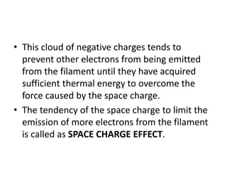 • This cloud of negative charges tends to
prevent other electrons from being emitted
from the filament until they have acquired
sufficient thermal energy to overcome the
force caused by the space charge.
• The tendency of the space charge to limit the
emission of more electrons from the filament
is called as SPACE CHARGE EFFECT.
 