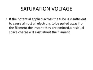 SATURATION VOLTAGE
• If the potential applied across the tube is insufficient
to cause almost all electrons to be pulled away from
the filament the instant they are emitted,a residual
space charge will exist about the filament.
 