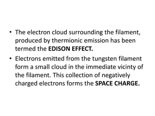 • The electron cloud surrounding the filament,
produced by thermionic emission has been
termed the EDISON EFFECT.
• Electrons emitted from the tungsten filament
form a small cloud in the immediate vicinty of
the filament. This collection of negatively
charged electrons forms the SPACE CHARGE.
 