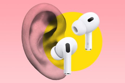 Illustration zeigt ein freigestelltes Ohr und air pods 2 pro Kopfhörer