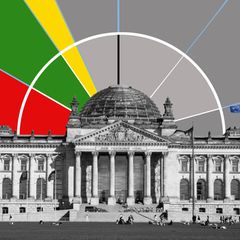 Eine grafische Sitzverteilung als Optik hinter dem Bundestag (Montage)