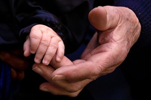 Großeltern: Die Hand eines Kleinkindes liegt in der Hand eines älteren Mannes.