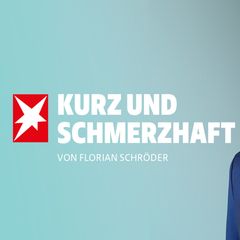 Kabarettist Florian Schroeder und Schriftzug "Kurz und schmerzhaft"