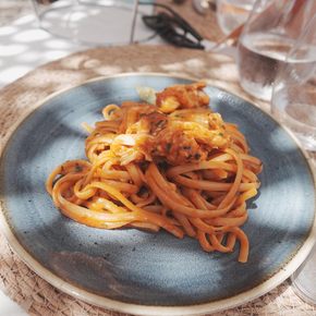 Close up view of a pasta dish at the Shellona Beach Club, St Tropez