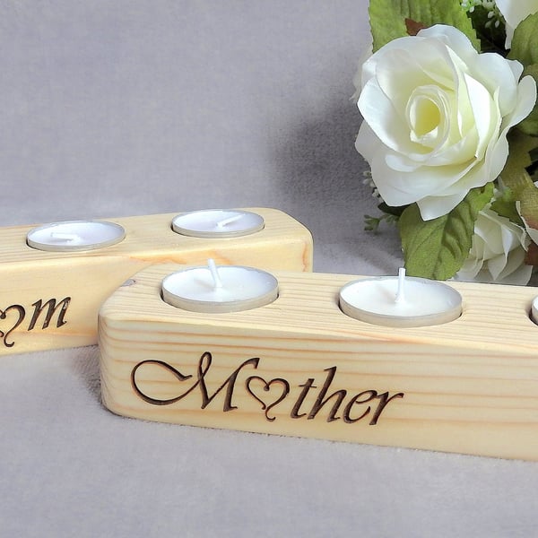 Mum Wood Tea Light Candle Holder, Mum Birthday Gift