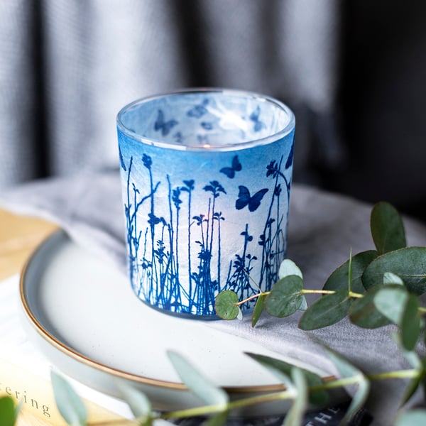 Blue butterfly meadow Cyanotype tea light holder, Self Care, Treat yourself 