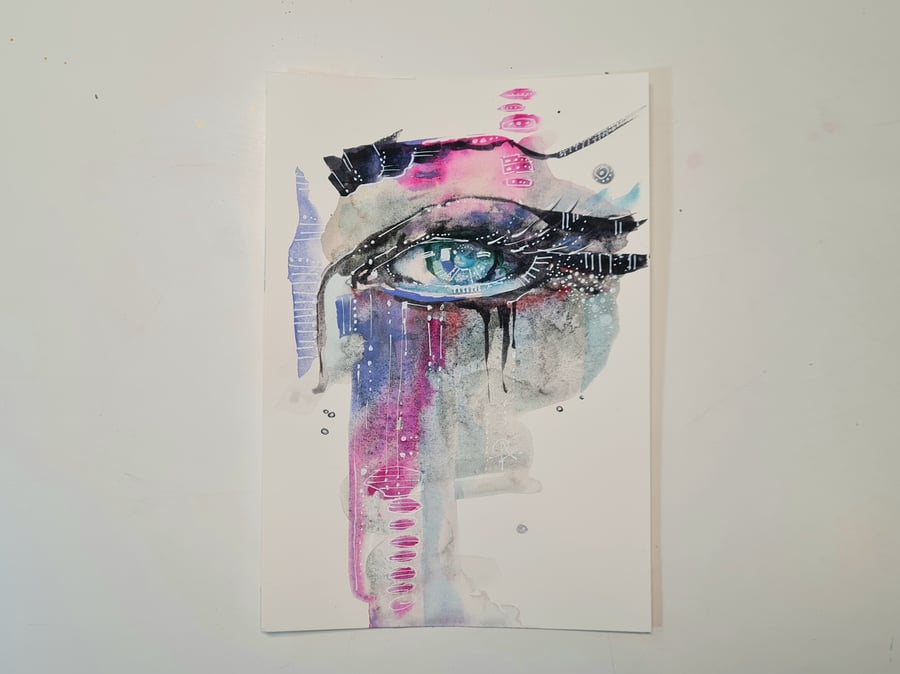 Original Watercolour Painting, Surreal Smokey Eye Artwork, Portrait, Pretty Face