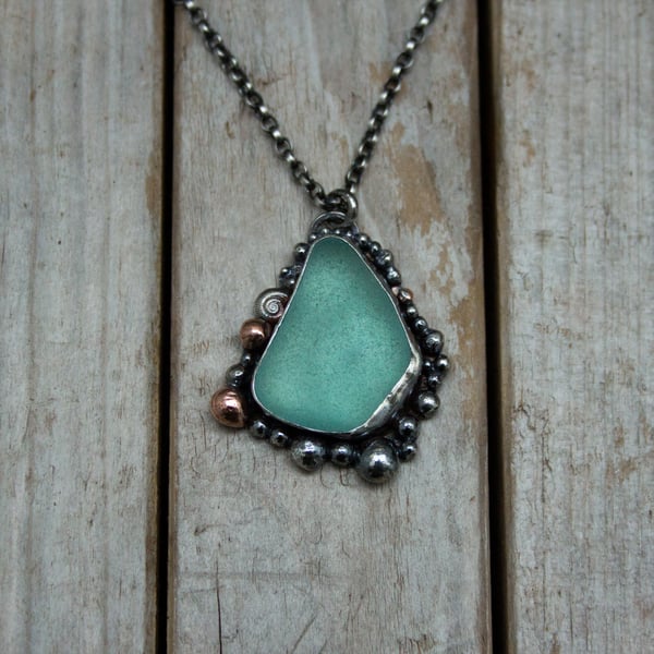 Deep Aqua Sea Glass Rockpool Pendant