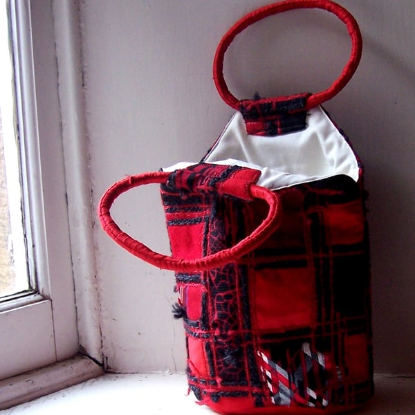 Patchwork fabric bucket bag in red and black mixed textiles