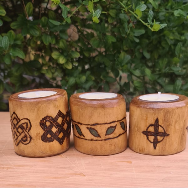 Wood tealight candle holders x 3, tree branch with burned Celtic knots design