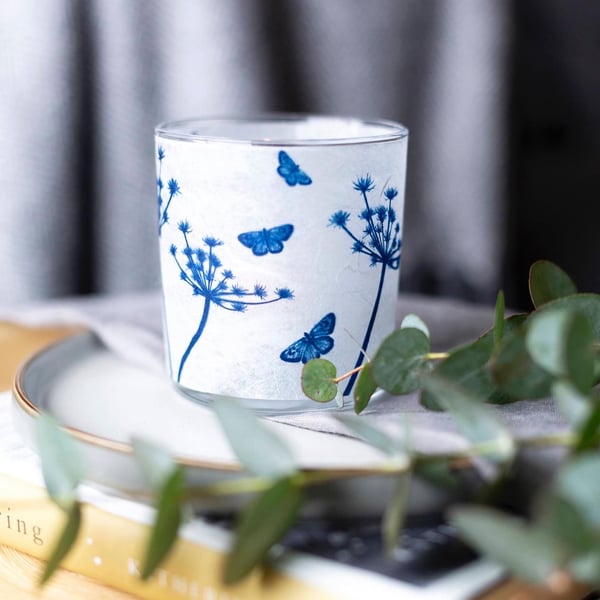 Seed head and butterflies Cyanotype tea light holder, Christmas present 