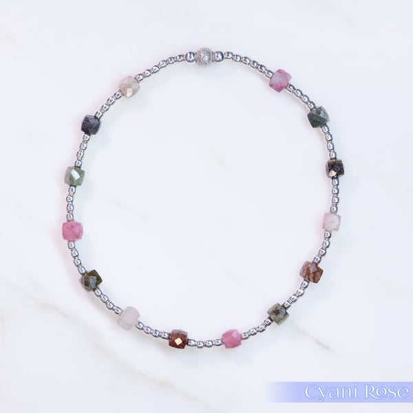 Sterling Silver and Multi Tourmaline stretch bracelet AA grade gemstones