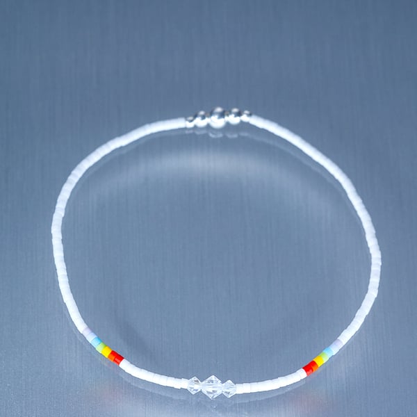 Bracelet rainbow and white minimalist Miyuki bead stretchy handmade