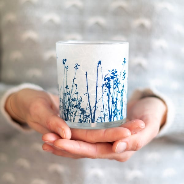 Meadow Cyanotype candle tealight holder white & blue, Teacher gift