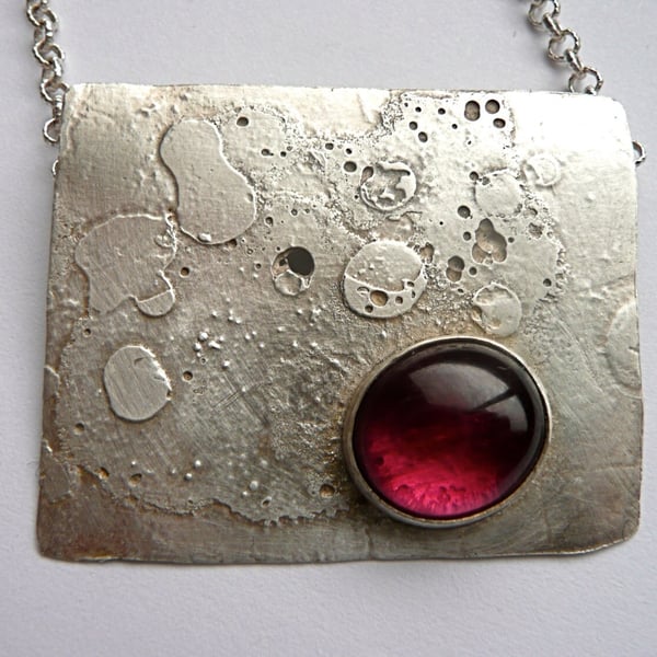 Hot Pink Tourmaline Recycled Silver Etched Necklace