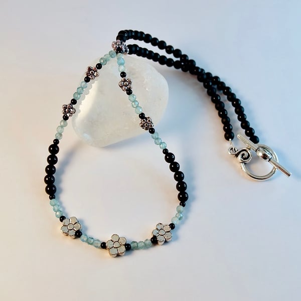 Faceted Apatite, Onyx and Flower Necklace - Birthday, Anniversary, Gift For Her