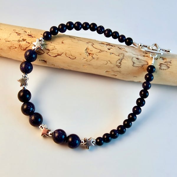 Blue Goldstone Bracelet With Silver Stars - Handmade In Devon