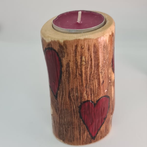 Wood tealight candle holders, tree branch, painted love hearts Valentines Day