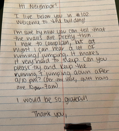 Neighbour pens note to 'noisy' upstairs neighbours with kids - 9Honey