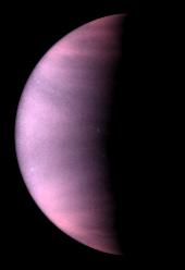 Venus Cloud Tops Viewed by Hubble. This is a NASA Hubble Space Telescope ultraviolet-light image of the planet Venus, taken on January 24 1995, when Venus was at a distance of 70.6 million miles 113.6 million kilometers from Earth.